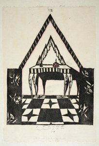 Design för ett toalettbord, platta 12, bok 3, illustration från "Wiener Werkstatte Mode 191415", pub. Eduard Kosmack, Wien, 1914-1915 (handkolorerat linoljeformat).